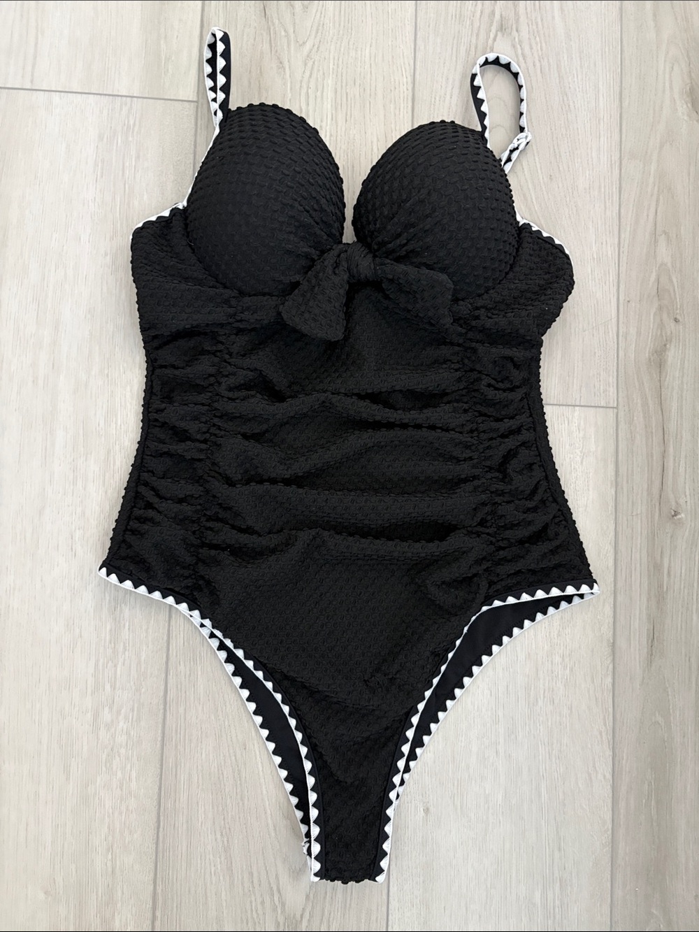 Black Textured One-Piece Swimsuit with Contrast Trim